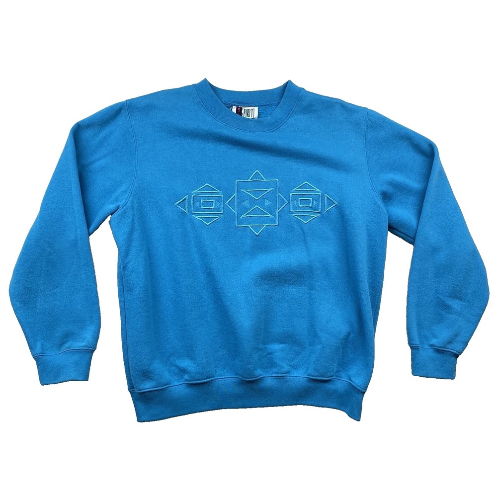 Bold Spirit Sweatshirt Mens Medium Geometric Embroidered Aqua Turquoise 90s Vtg